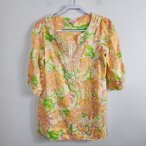 Lilly Pulitzer Bead Embroidered 3/4 Sleeve V-Neck Linen Tunic Floral Top SIZE XS